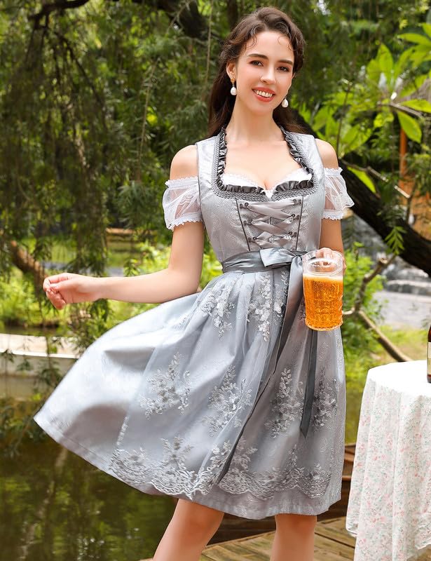 Garvee - Vestito tradizionale Dirndl Midi da donna, set da 3 pezzi con grembiule e camicetta per l'Oktoberfest, grigio vintage, taglia 42