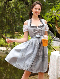 Garvee - Vestito tradizionale Dirndl Midi da donna, set da 3 pezzi con grembiule e camicetta per l'Oktoberfest, grigio vintage, taglia 42
