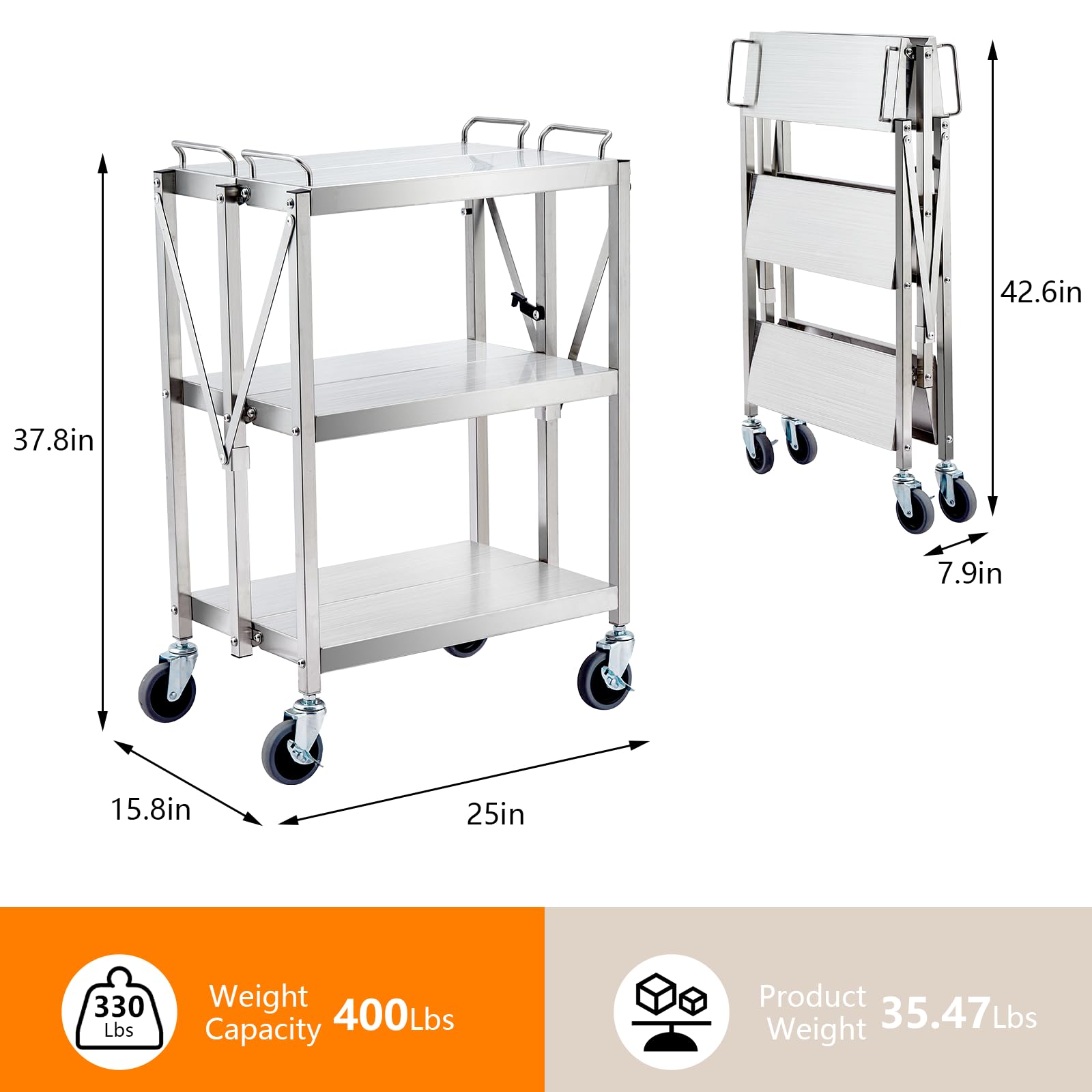Carrello di servizio pieghevole in acciaio inox – Portatile, 3 ripiani, con freno, capacità di carico 440 libbre, argento