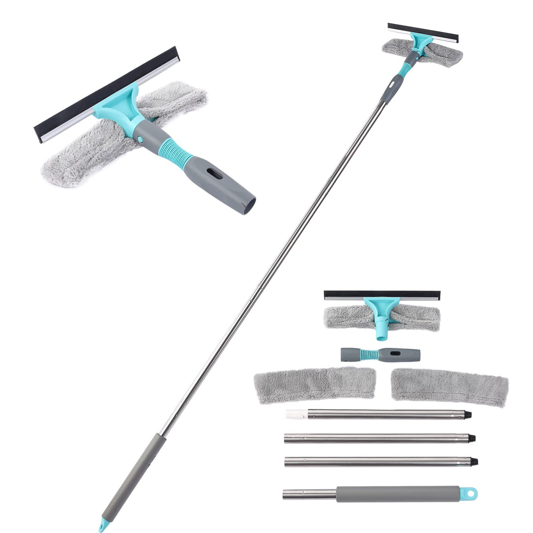 Raschietto per finestre Garvee 2 in 1 con asta telescopica da 65 pollici, testa flessibile, silicone, microfibra, acciaio inossidabile per finestre, docce e auto