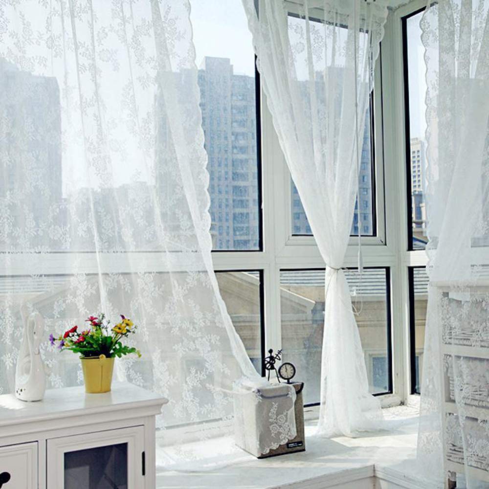 Tenda in pizzo floreale Garvee in voile jacquard semitrasparente per camera da letto e soggiorno, 145x150 cm, crema