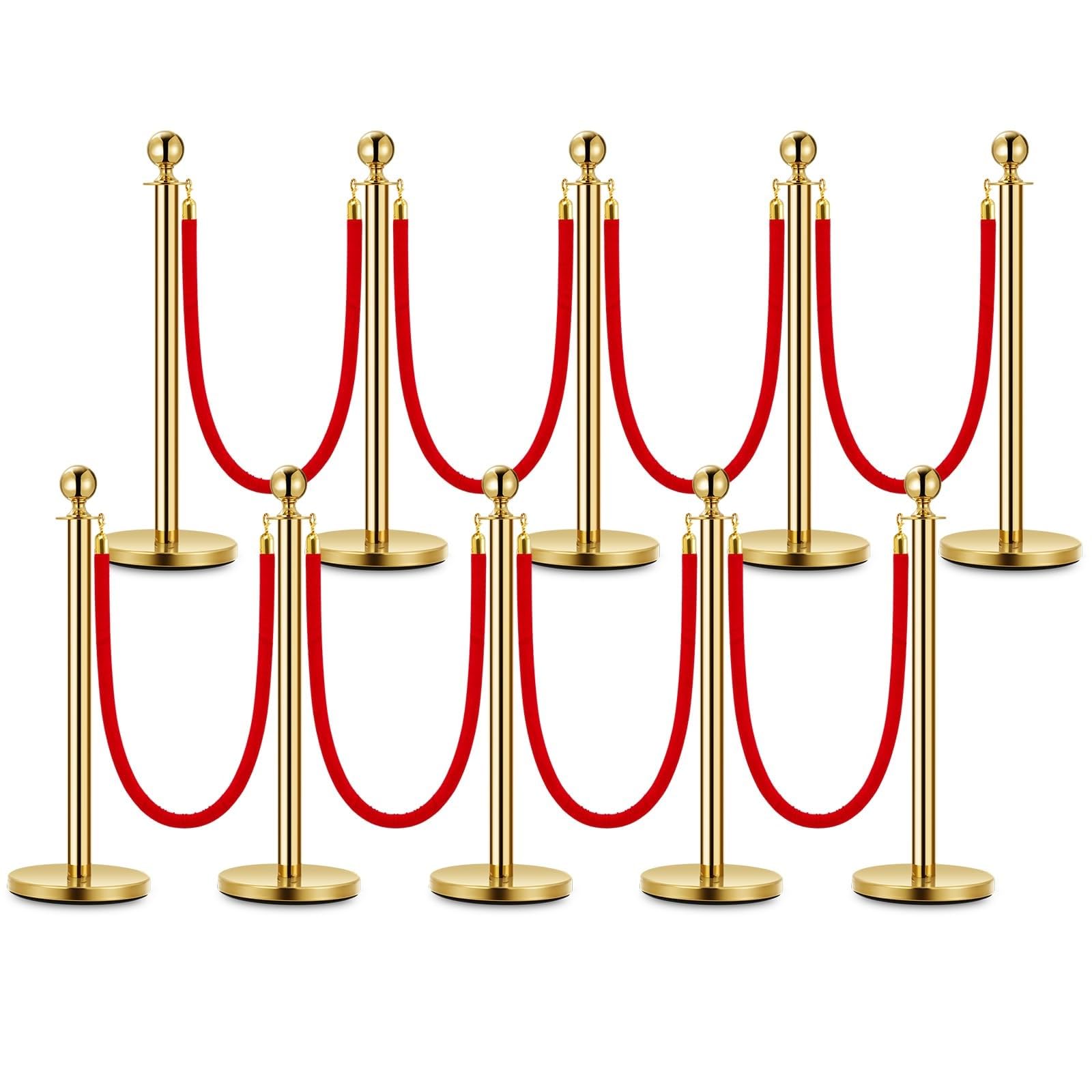Set di pali di barriera in acciaio inossidabile Garvee con corde in velluto rosso, 10 pezzi, antiruggine, peso stabile, elegante barriera per eventi, uso versatile
