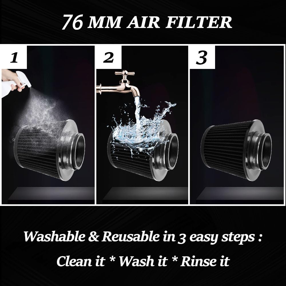 Garvee Filtro Aria Auto 76mm, Alto Flusso, Lega Alluminio, Vliesstoff, Montaggio Facile, Universale, Tuning Auto Sportiva