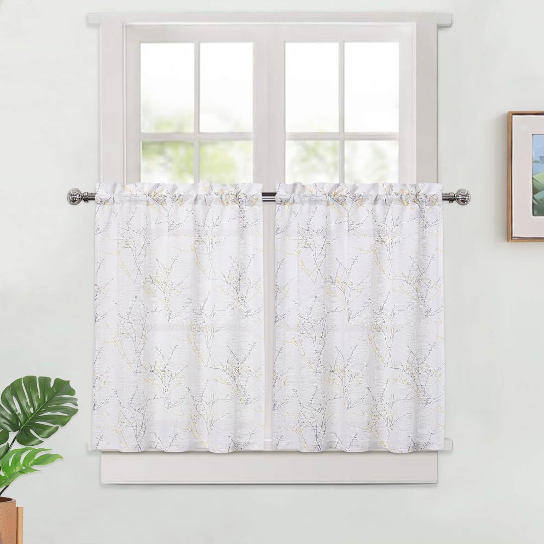 Tende da cucina Garvee con motivo a rami di albero naturali, mezza finestra, filtranti, in poliestere, 26x24 pollici, bianco/giallo, stile fattoria, soggiorno, bagno