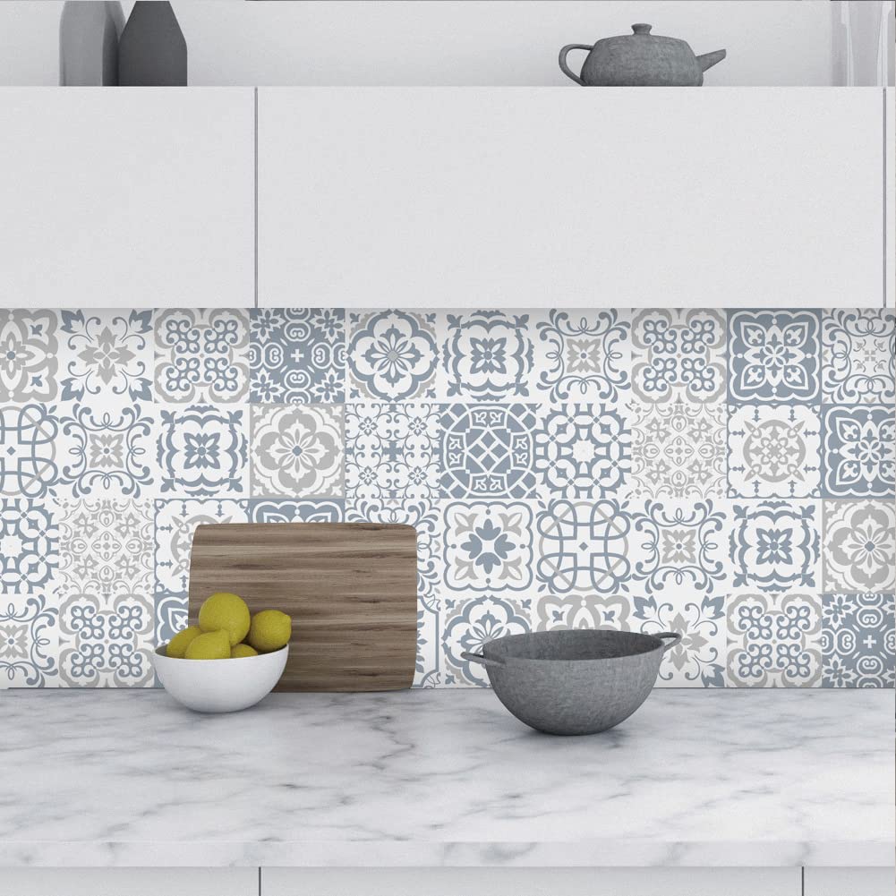 GARVEE 24 pezzi adesivi per piastrelle in vinile autoadesivi vintage per cucina e bagno 10x10 cm grigio resistenti all'acqua e al calore