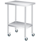 Garvee Tavolo da Lavoro in Acciaio Inox 46x61 cm 2 Ripiani con Ruote Bloccabili per Cucina Commerciale e Casa, Regolabile, Robusto, Argento - Con Ruote