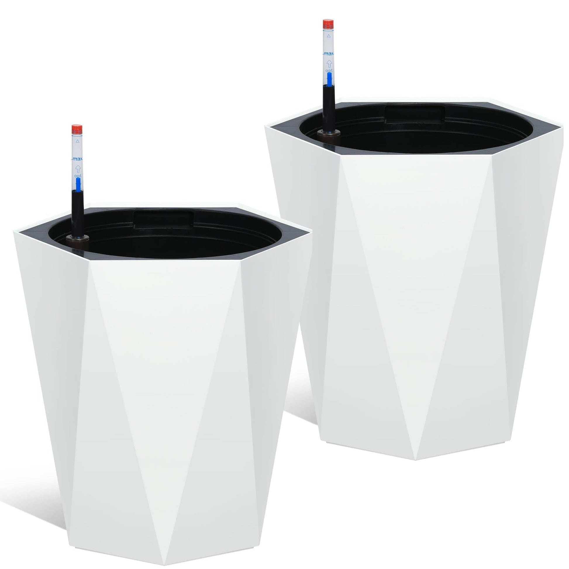Garvee Set di 2 fioriere a forma di diamante alte 16 pollici, autoirriganti, con indicatore del livello dell'acqua e ruote, per balcone e soggiorno, bianche