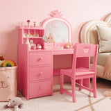 Garvee Tavolo Trucco Bambina con Luci LED, Specchio Corona, 3 Cassetti, MDF, Set con Sgabello, Bianco, 2 in 1 Scrivania e Vanity - Rosa