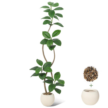 Albero di gomma artificiale Garvee da 6 piedi con fioriera in resina a sfera bianco sporco per soggiorno e ufficio, resistente ai raggi UV, foglie realistiche, durevole, beige