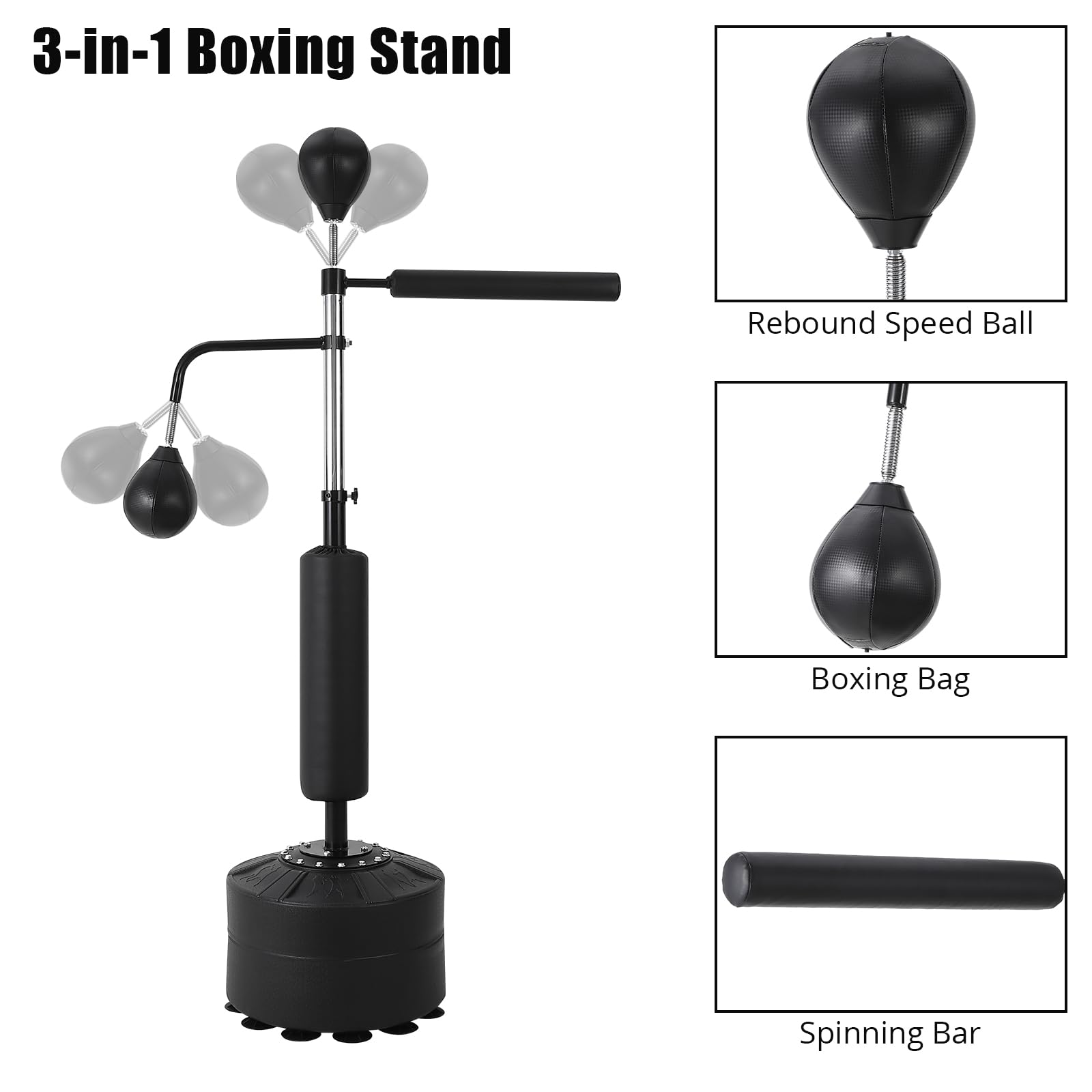 Sacco da Boxe Autoportante 3 in 1 Garvee per Festa del Papà - 2 Palle Velocità, Girevole 360°, Altezza Regolabile, PU Nero Kickboxing