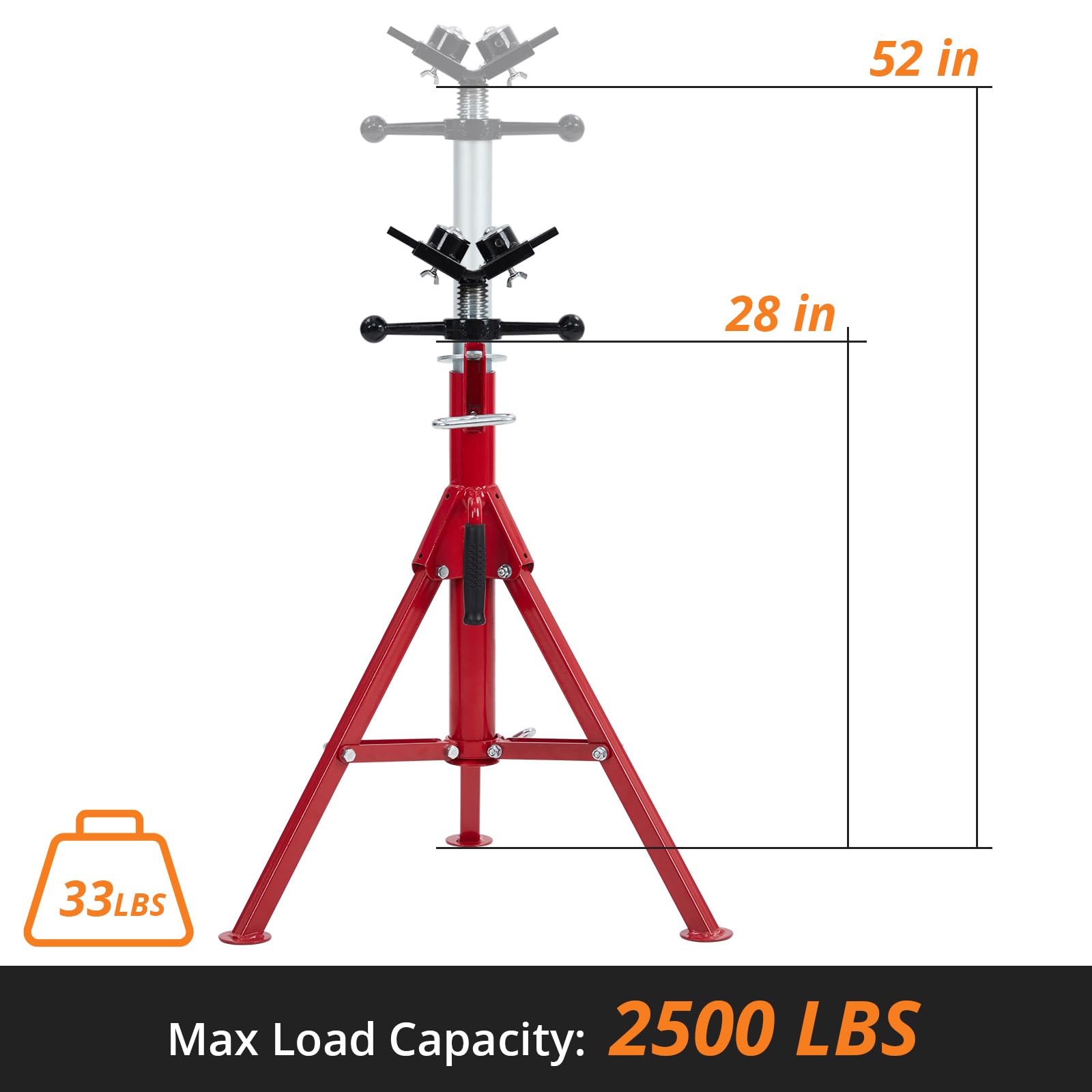 Supporto per sollevamento tubi Garvee V-Head Heavy Duty 2500 libbre regolabile 28-52 pollici in acciaio al carbonio pieghevole per saldatura e filettatura