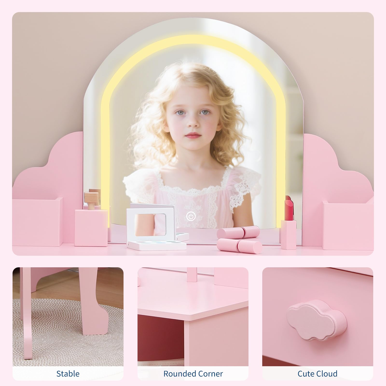 Tavolo da toeletta per bambini Garvee con luce LED e sgabello, regolabile, MDF, spazio di archiviazione, rosa, per bambine dai 3 ai 9 anni, sala giochi e camera da letto