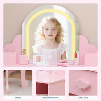 Tavolo da toeletta per bambini Garvee con luce LED e sgabello, regolabile, MDF, spazio di archiviazione, rosa, per bambine dai 3 ai 9 anni, sala giochi e camera da letto