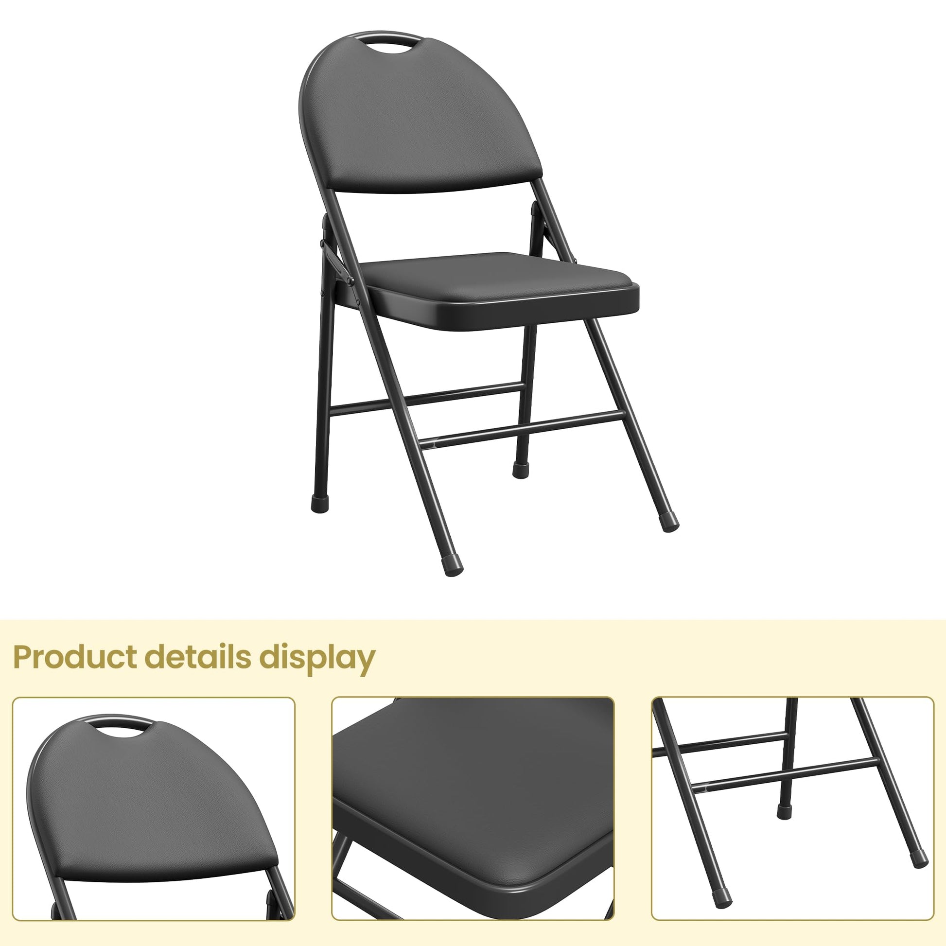 Set di 4 sedie pieghevoli Garvee in similpelle, ergonomiche e leggere, struttura in metallo, impilabili per uso interno ed esterno, nere, capacità di carico di 350 libbre