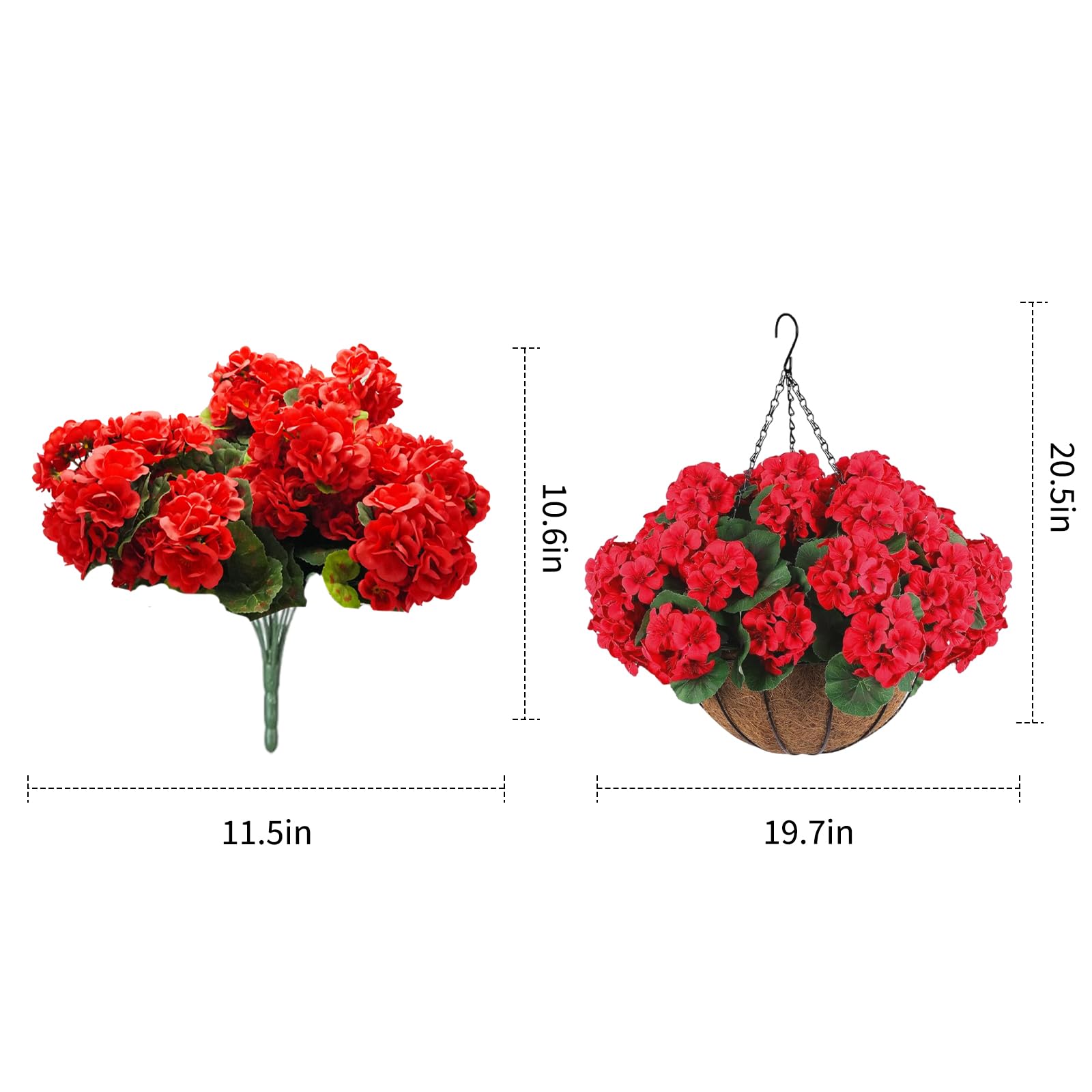 Garvee Set di 2 fiori di geranio artificiali, resistenti alle intemperie, cestino marrone, da appendere, per giardino e patio, realistici, rossi