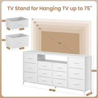 Mobile TV Garvee da 63" per TV da 65-75" con 12 cassetti, illuminazione a LED, rivestimento in tessuto, caricabatterie, ripiani aperti, mobili moderni per soggiorno