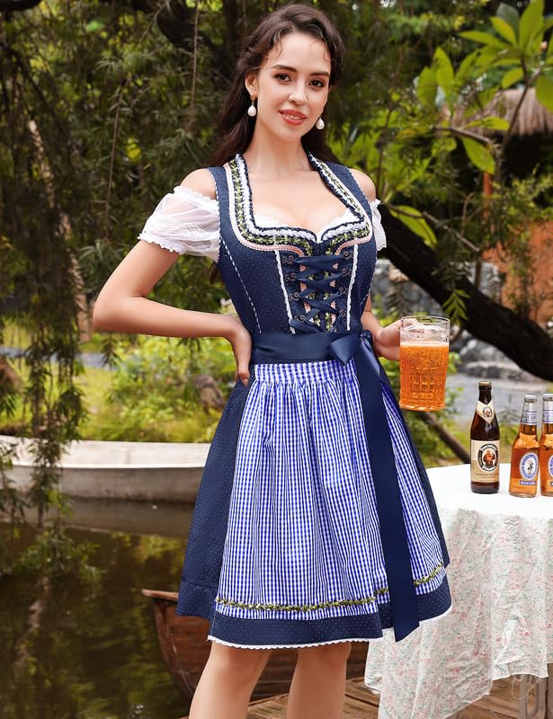 Abito tradizionale Dirndl midi da donna Garvee, 3 pezzi, con camicetta in pizzo bianco e grembiule, blu navy, taglia 34