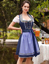 Abito tradizionale Dirndl midi da donna Garvee, 3 pezzi, con camicetta in pizzo bianco e grembiule, blu navy, taglia 34