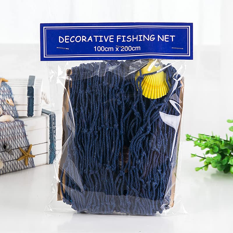 Garvee Filet De Pêche Méditerranéenne En Corde De Chanvre - Décoration Murale Bleue Avec Coquillages - 1x2 M - Ambiance Marine
