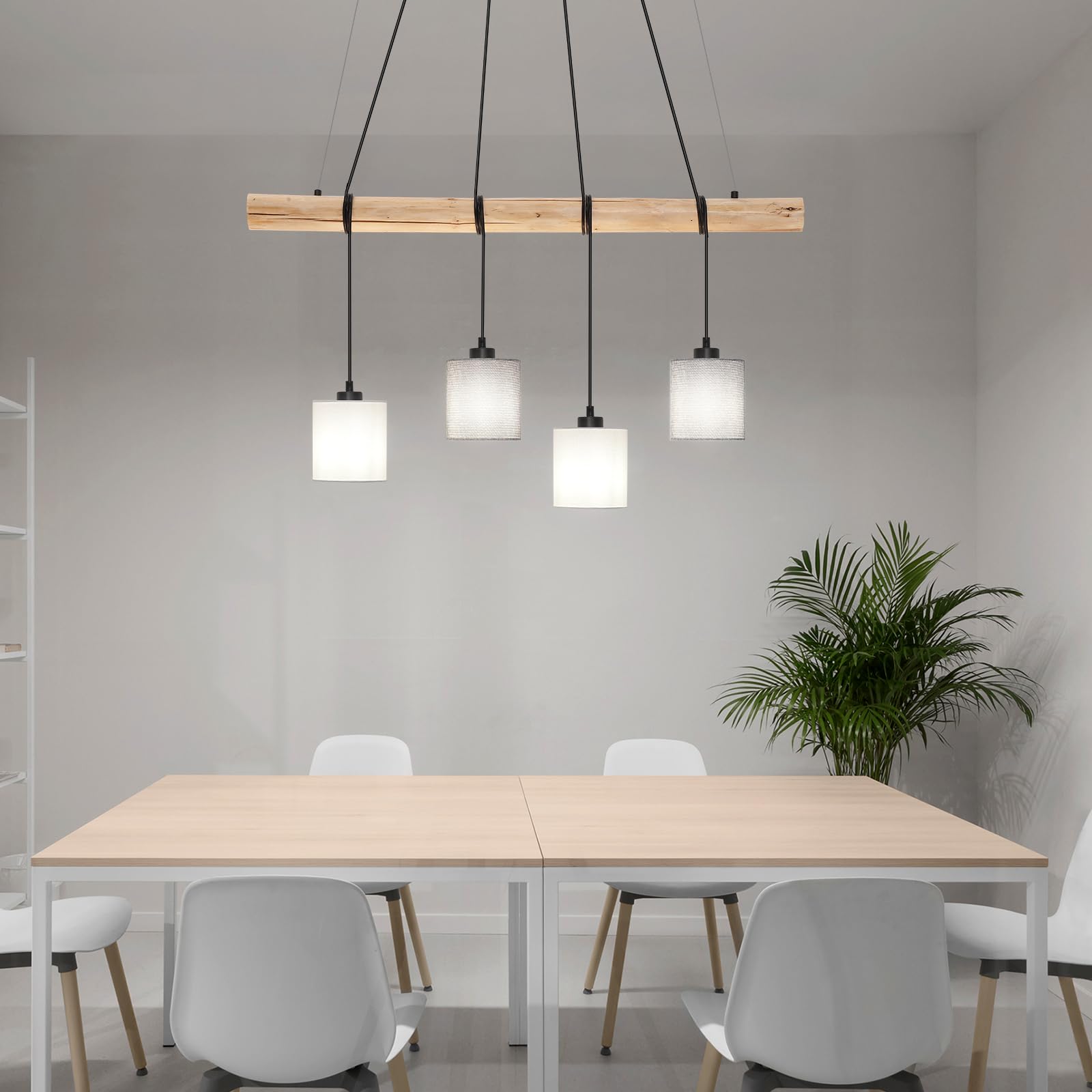 Garvee Lampada A Sospensione Da Tavolo In Legno 4 Lampadine Paralume In Tessuto Stile Moderno Bianco/Grigio Per Soggiorno Altezza Max 135 Cm