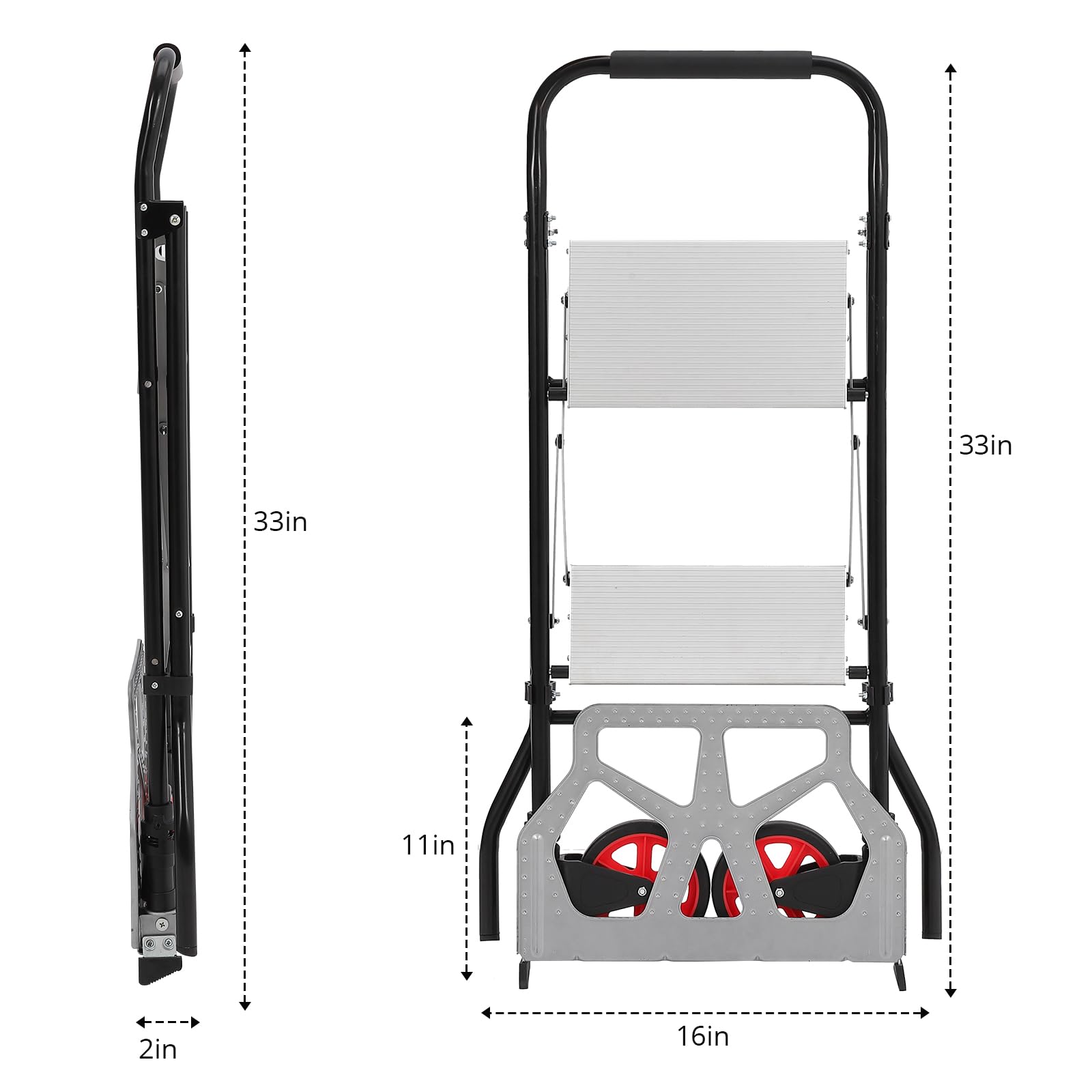 Garvee 2 in 1 scala pieghevole in alluminio e carrello a mano con capacità di 220 libbre, ruote pieghevoli, pedali antiscivolo per casa e cucina, portatile, leggero