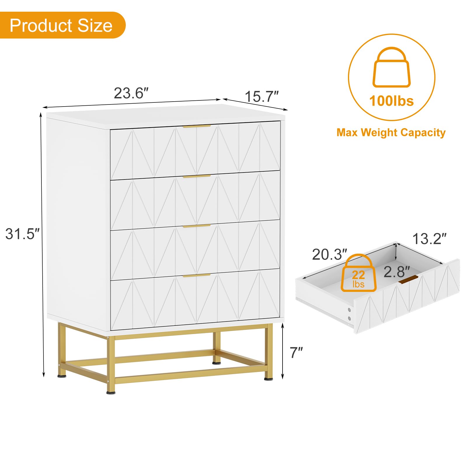Cassettiera Garvee a 4 cassetti con ampio spazio di archiviazione, legno MDF, gambe in metallo dorato per camera da letto e corridoio, moderna, robusta, antigraffio