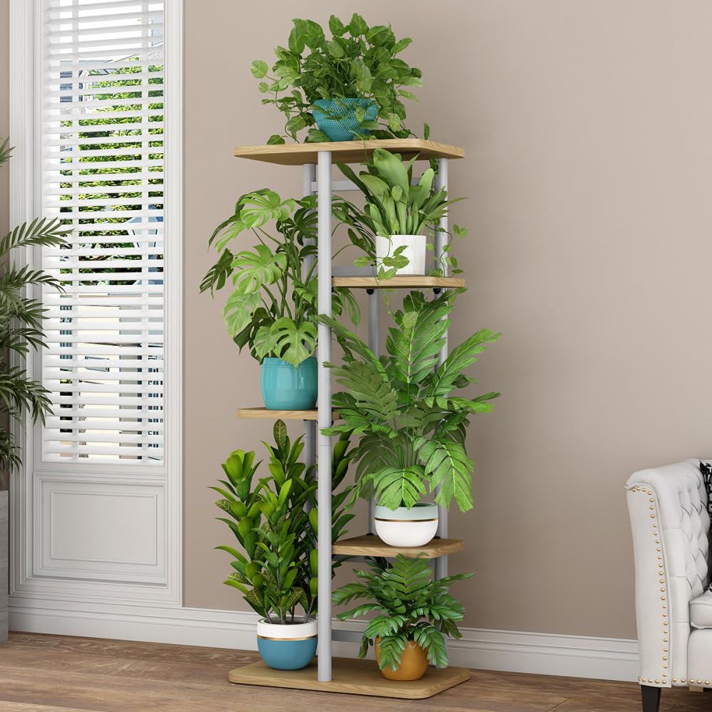 Garvee 5 Tier Hölzern Blumenregal Metall Pflanzenregal - Mehrschichtiges Design, Langlebiger Metallrahmen, Rutschschutz Für Balkon Garten Terrasse, Holzverstärkung, Mehrfarbig