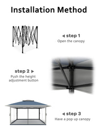 Gazebo pieghevole Garvee 13x13 con zanzariera, struttura in acciaio robusto, protezione UV UPF 50+, impermeabilizzazione, blu navy + grigio canapa, fisso in giardino