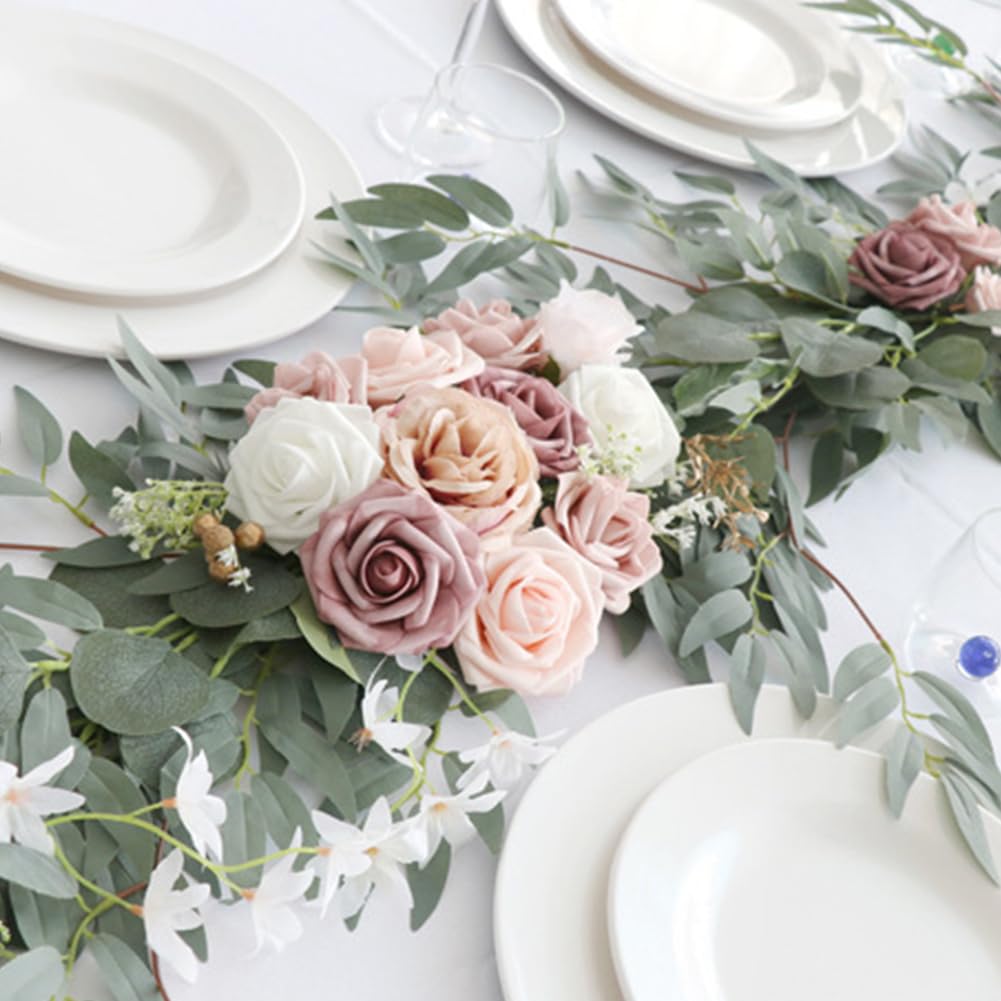 Garvee Ghirlanda Artificiale di Eucalipto con Rose Vintage, 180CM, Fiori Realistici, Mano Intrecciata, Foglie Naturali, Decorazione per Matrimoni e Tavoli