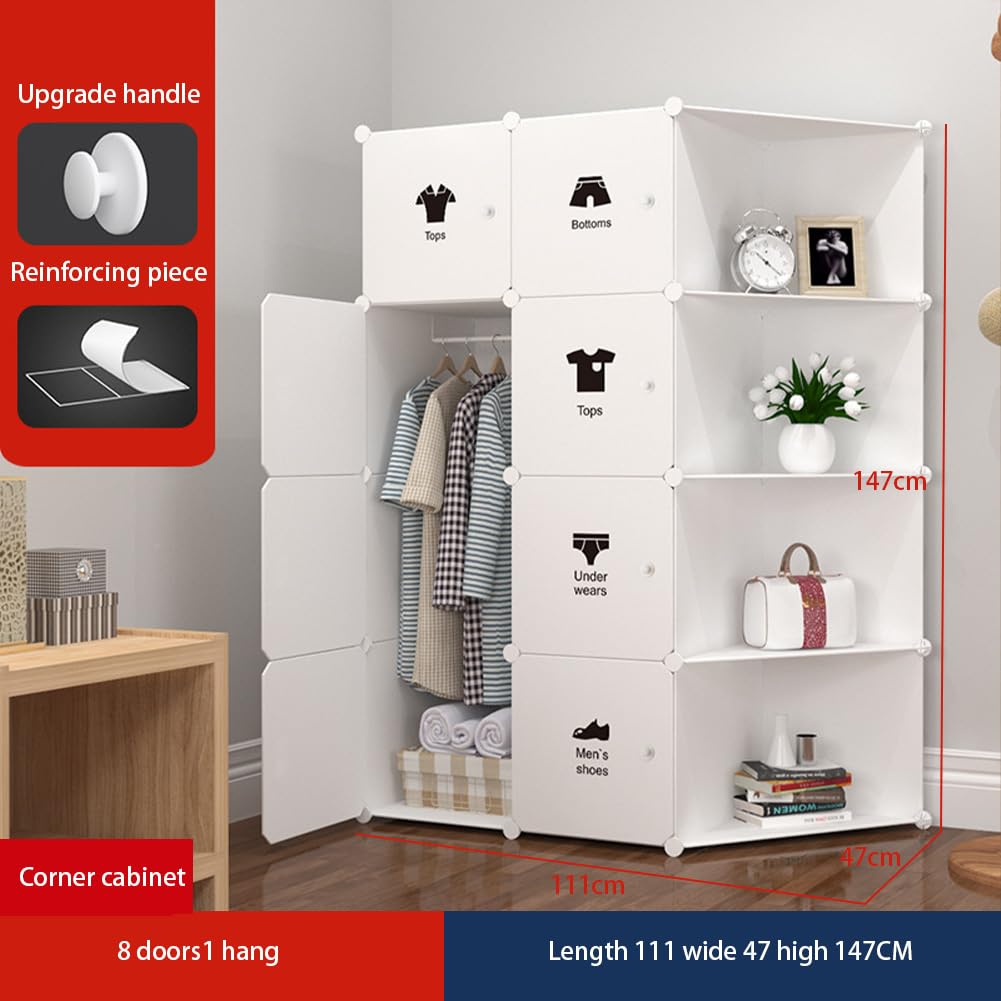Armadio Garvee composto da 8 cubi con ante e asta appendiabiti per camera da letto 75 x 47 x 111 cm in plastica bianca
