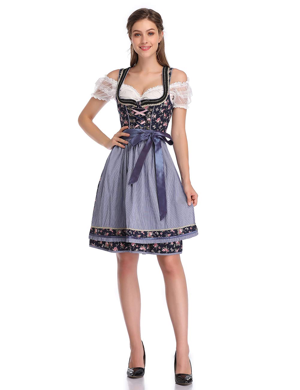 Abito tradizionale Dirndl da donna Garvee, abito midi in 3 pezzi, camicetta e grembiule, motivo floreale blu navy, Oktoberfest