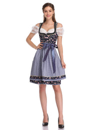 Abito tradizionale Dirndl da donna Garvee, abito midi in 3 pezzi, camicetta e grembiule, motivo floreale blu navy, Oktoberfest