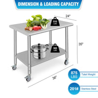 Tavolo da lavoro in acciaio inox Garvee 36x24x35" con ripiano inferiore regolabile e ruote per cucina e ristorante, robusto, facile da pulire