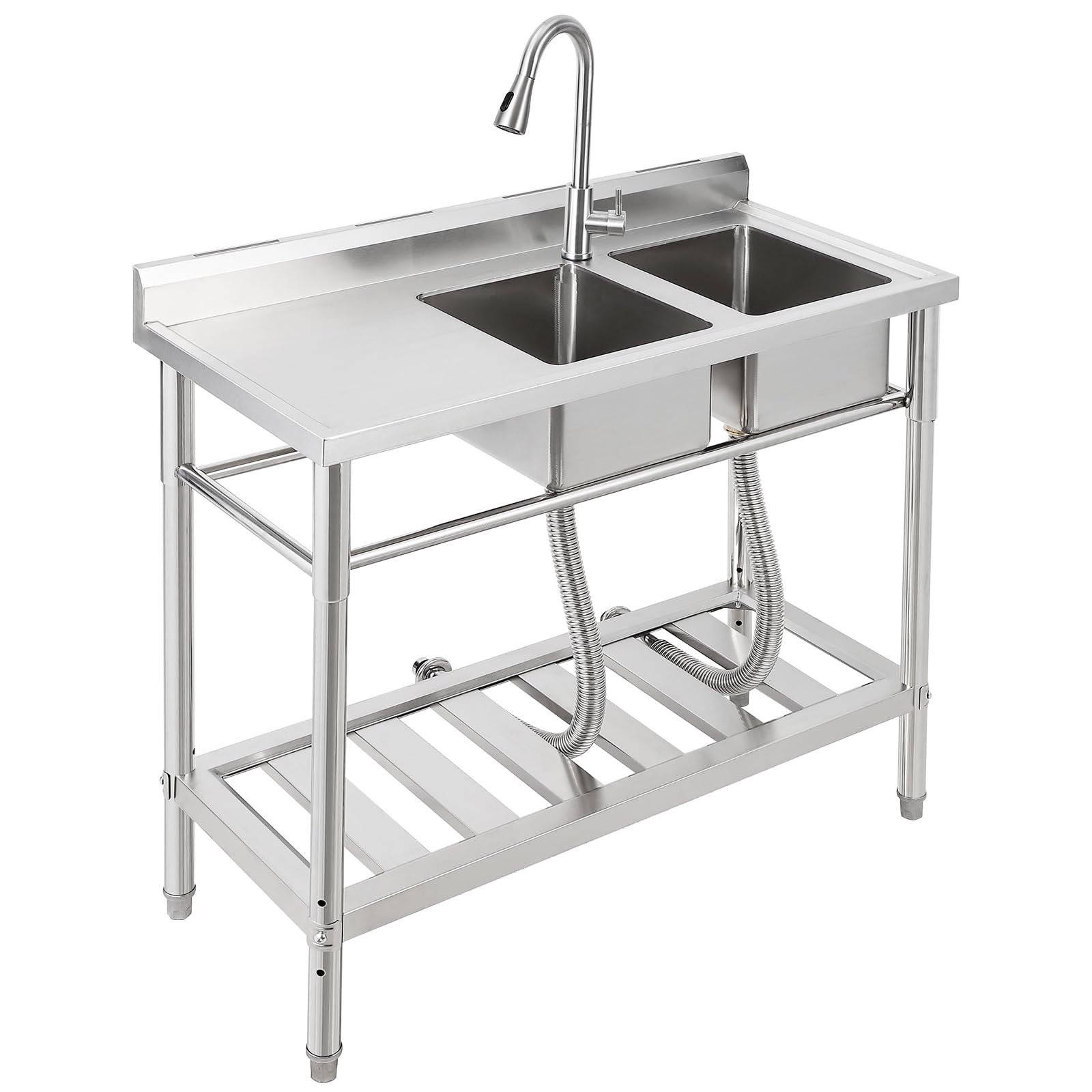 Lavello Commerciale Indipendente Garvee Fatturabile, 2 Vasche + Scolapiatti, Acciaio Inox, Rubinetto Girevole 360°, 105.6 x 51.0 x 37.0 cm , Argento per Ristoranti e Garage