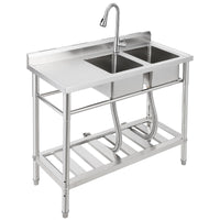 Lavello Commerciale Indipendente Garvee Fatturabile, 2 Vasche + Scolapiatti, Acciaio Inox, Rubinetto Girevole 360°, 105.6 x 51.0 x 37.0 cm , Argento per Ristoranti e Garage