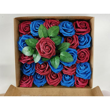 Scatola di rose artificiali Garvee con 25 rose di sapone blu e rosse, schiuma di lattice, regalo romantico per San Valentino e festa della mamma