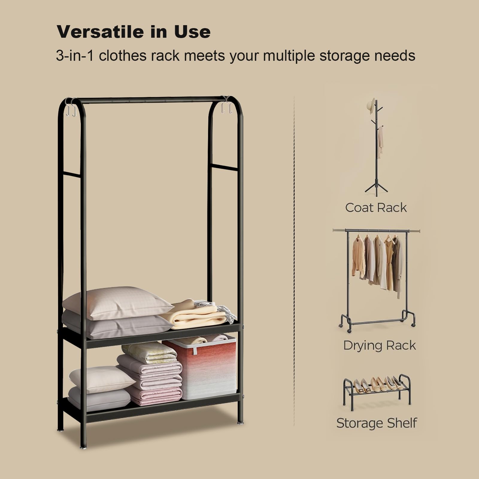 Appendiabiti Garvee in metallo nero, resistente, con ripiani doppi indipendenti, 6 ganci, piedini in gomma, per camera da letto, ufficio, soggiorno