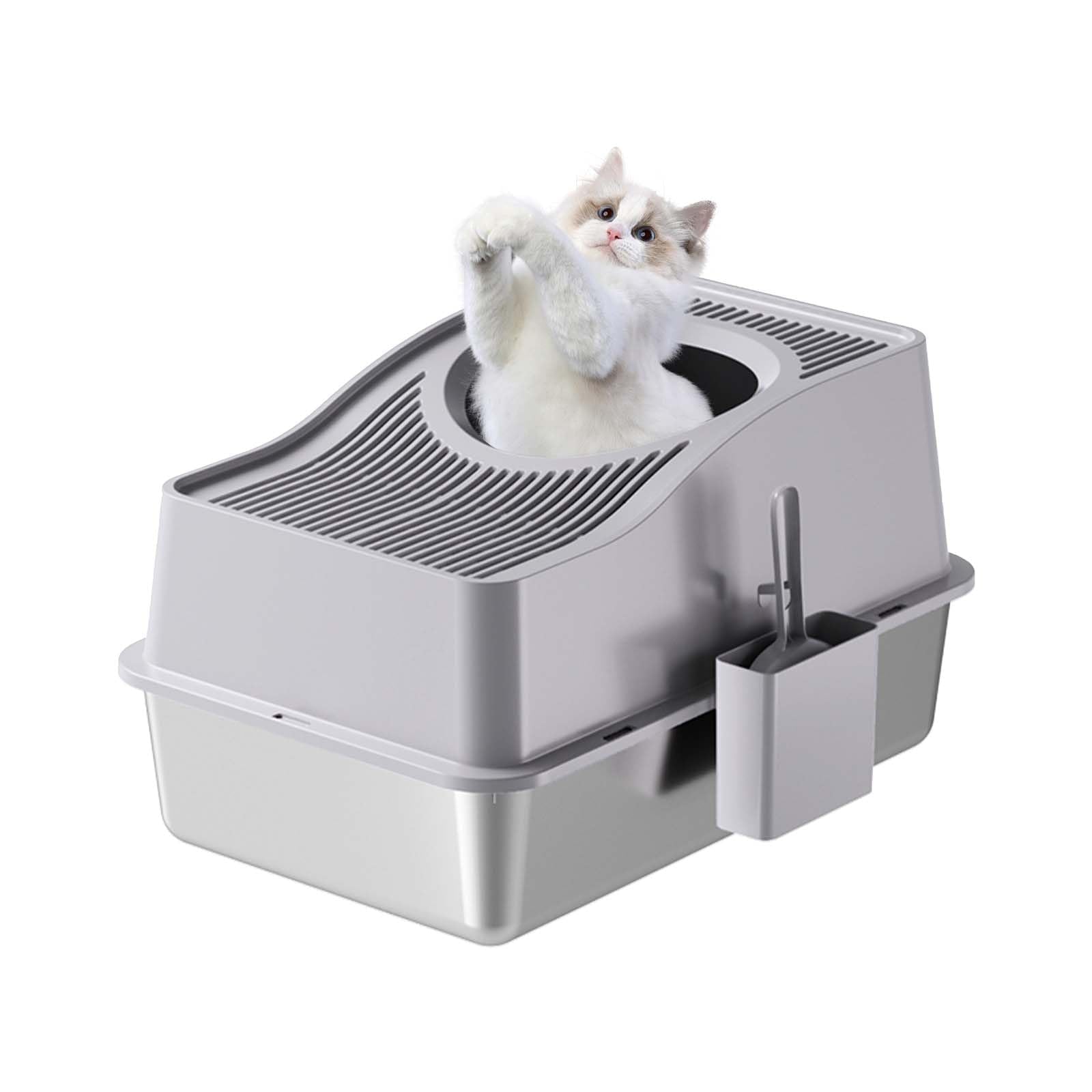 Lettiera per gatti Garvee in acciaio inox extra large con controllo degli odori, antigraffio, rimovibile, antiscivolo, per uso domestico, grigia, design con ingresso dall'alto