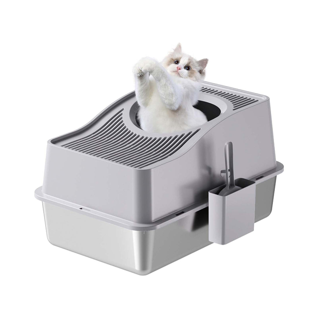 Lettiera per gatti Garvee in acciaio inox XL con controllo degli odori e antigraffio, ingresso dall'alto, antiscivolo per uso interno ed esterno, 23,6x15,7x13,58 pollici, grigio