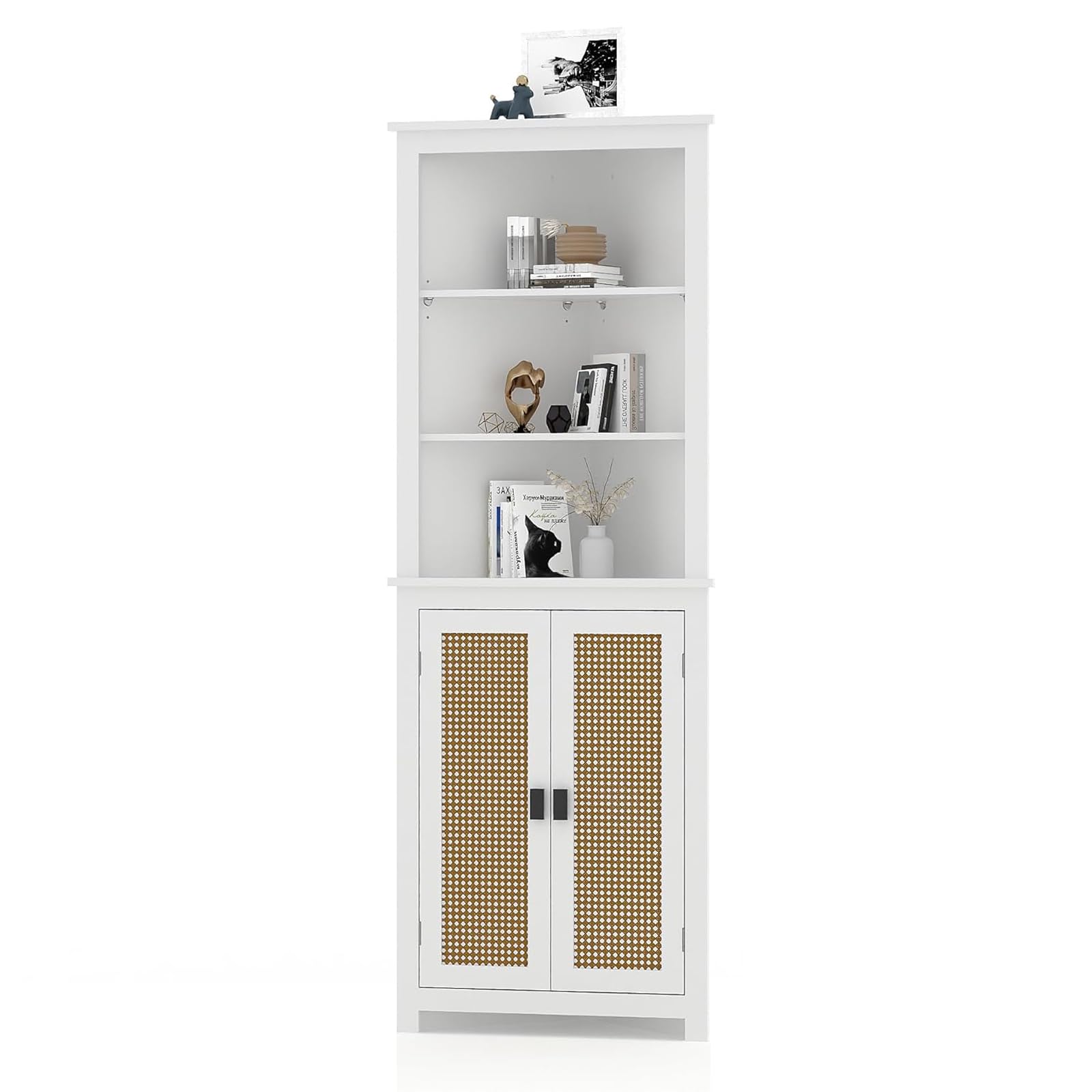 Mobiletto angolare Garvee Farmhouse da 64" di altezza con 6 ripiani e 2 ante a battente, ripiano regolabile, bianco, per soggiorno e bagno, legno, resistente all'umidità, antiribaltamento