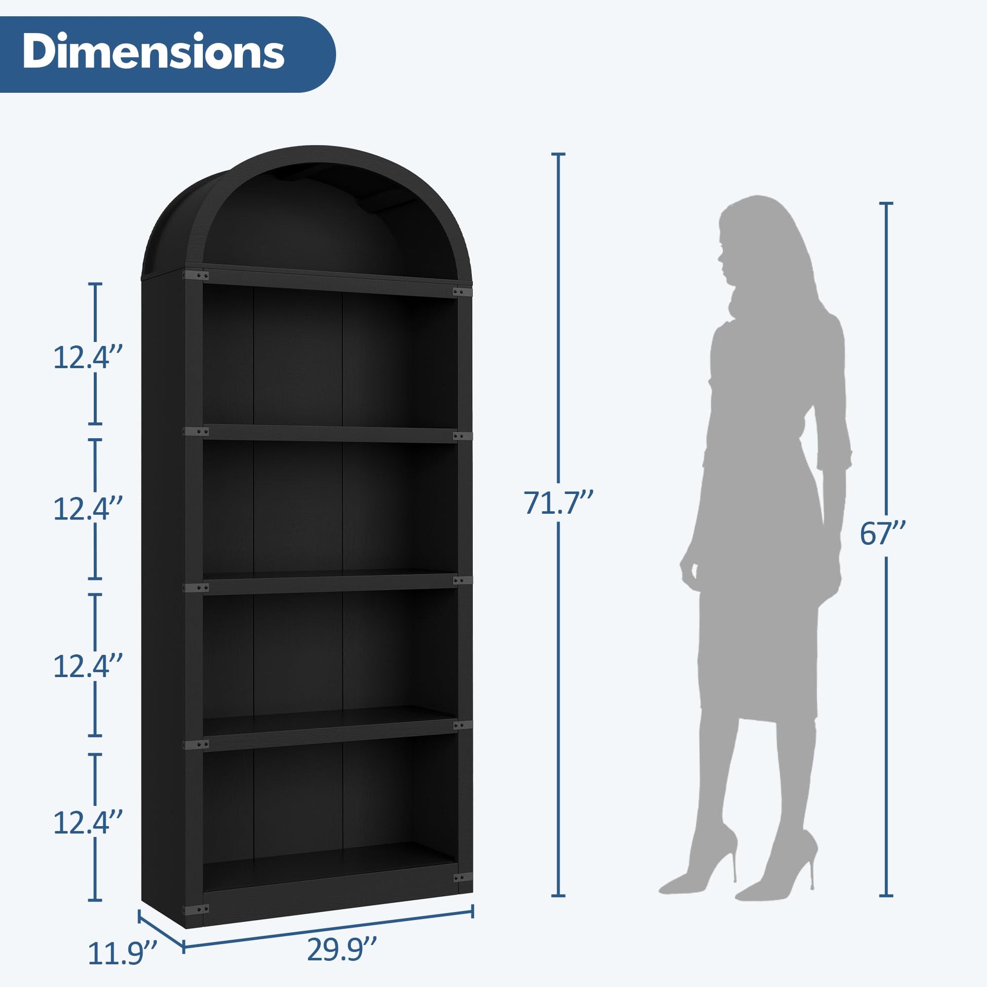 Libreria Garvee con 5 ripiani, stile fattoria ad arco, in legno con angoli in metallo, per soggiorno/ufficio, 71,65x29,92x11,88 pollici, legno naturale