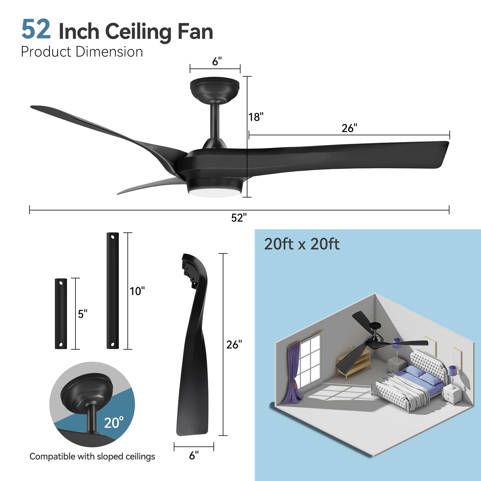 Ventilatori da soffitto GARVEE con luce, ventilatore da soffitto da 132 cm con 6 velocità e 2 aste, telecomando LED dimmerabile, ventilatore da soffitto moderno silenzioso reversibile CC per uso interno ed esterno
