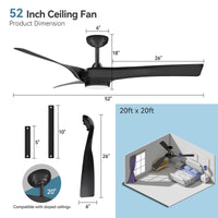 Ventilatori da soffitto GARVEE con luce, ventilatore da soffitto da 132 cm con 6 velocità e 2 aste, telecomando LED dimmerabile, ventilatore da soffitto moderno silenzioso reversibile CC per uso interno ed esterno