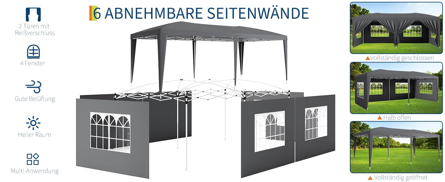 Gazebo 3x6 m pop-up Garvee Heavy Duty tenda a baldacchino con 6 pannelli laterali rimovibili per feste ed eventi all'aperto, regolabile, nera