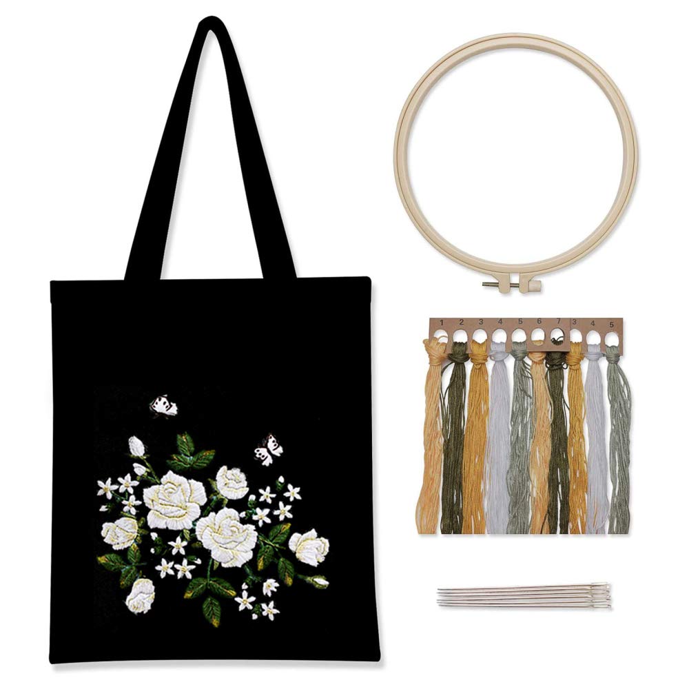Kit da ricamo Garvee con tessuto nero, motivo floreale, cornice in bambù, fili colorati, strumenti rosa e bianchi, borsa per il trasporto, regalo fai da te