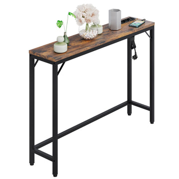 Consolle stretta Garvee con USB e presa di corrente, in legno e metallo vintage, per corridoio e soggiorno, 100x23x80 cm