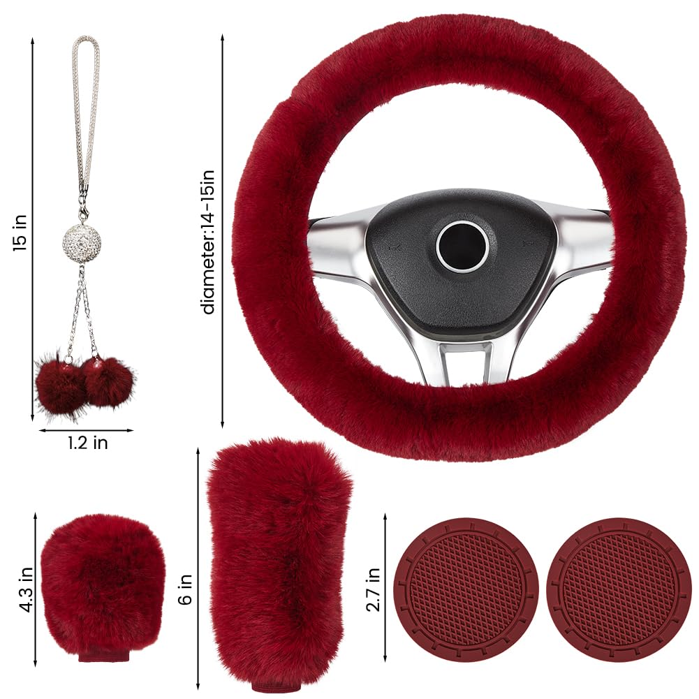Garvee Set di 6 coprivolante morbidi con coprifreno a mano e portachiavi in peluche per interni auto, bordeaux, elastico, invernale