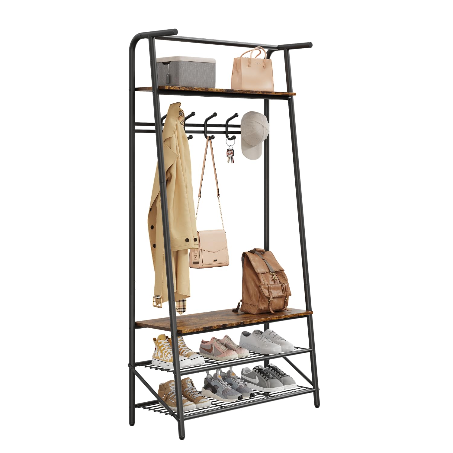Appendiabiti e scarpiera Garvee 4 in 1 – Struttura in metallo effetto legno, 5 ganci e panca per corridoio e ingresso