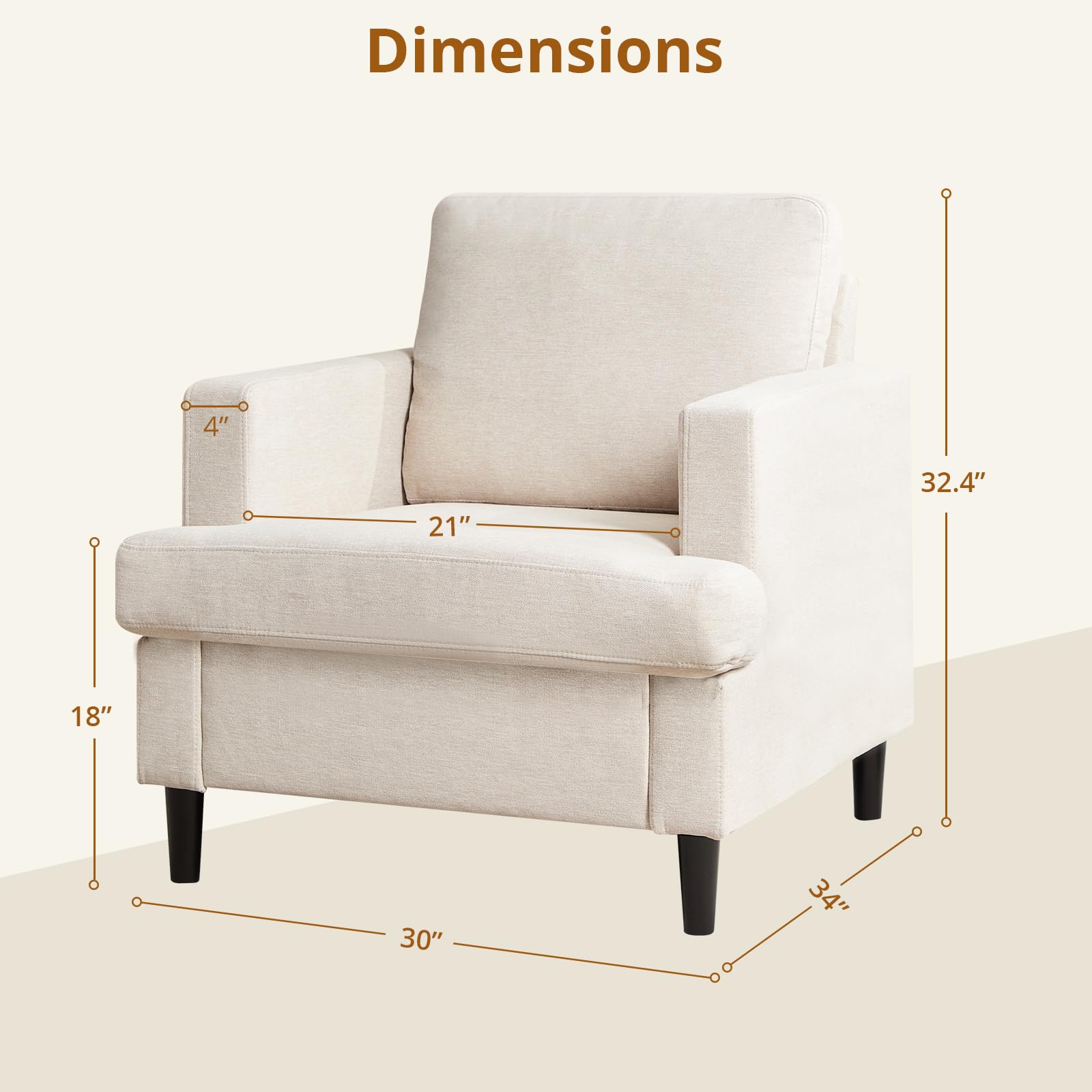 Poltrona Garvee Mid-Century in tessuto di lino traspirante, morbida imbottitura, gambe in legno massello. Per soggiorno e ufficio, design moderno, versatile, beige.