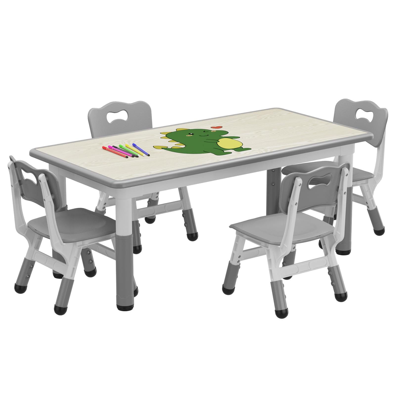 Set tavolo e 4 sedie per bambini Garvee, altezza regolabile con piano del tavolo decorato con graffiti, gambe antiscivolo per casa e asilo